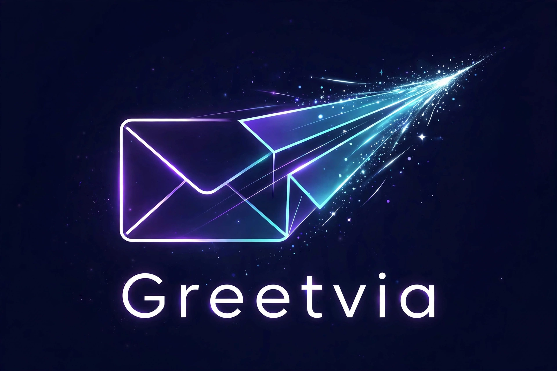 Glowing Greetvia envelope transforming into a paper plane across a starry sky